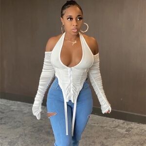 White Cold Shoulder Runched Top